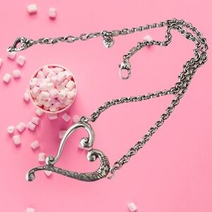 Brighton Tuscan Heart Etched Scroll Heart Necklace 18" Silver Tone.  Retired